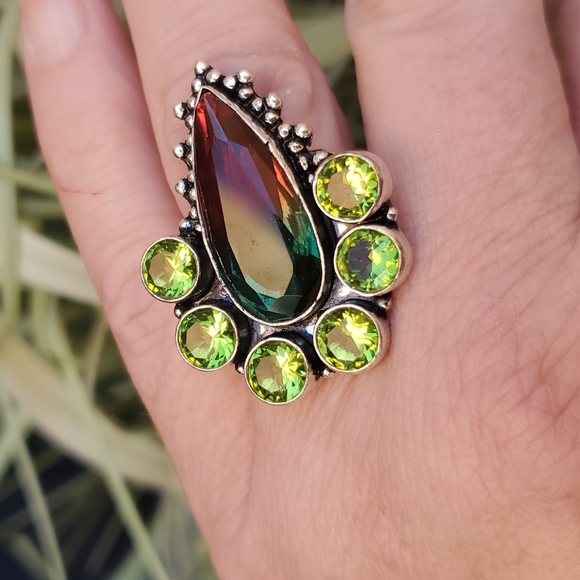 New Bi-Color Tourmaline & Peridot 925 Silver Statement Ring. - Picture 2 of 16